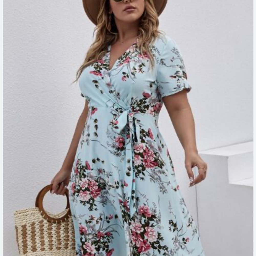 Floral Side Tie Dress in Blue by SHEIN Curve
